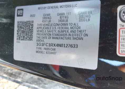 2022 Chevrolet Camaro 3Lt from USA, damaged, VIN 1G1FC1RX4N0127633